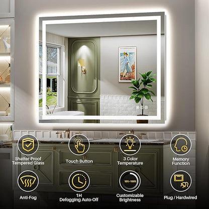 48x38 Inch LED Bathroom Mirror with Lights, Backlit & Front Lit, Anti-Fog Lighted Bathroom Vanity Mirror for Wall, Memory Function, Dimmable, HD Tempered Glass, Shatter-Proof