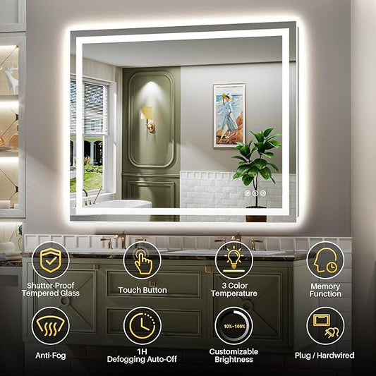 48x38 Inch LED Bathroom Mirror with Lights, Backlit & Front Lit, Anti-Fog Lighted Bathroom Vanity Mirror for Wall, Memory Function, Dimmable, HD Tempered Glass, Shatter-Proof
