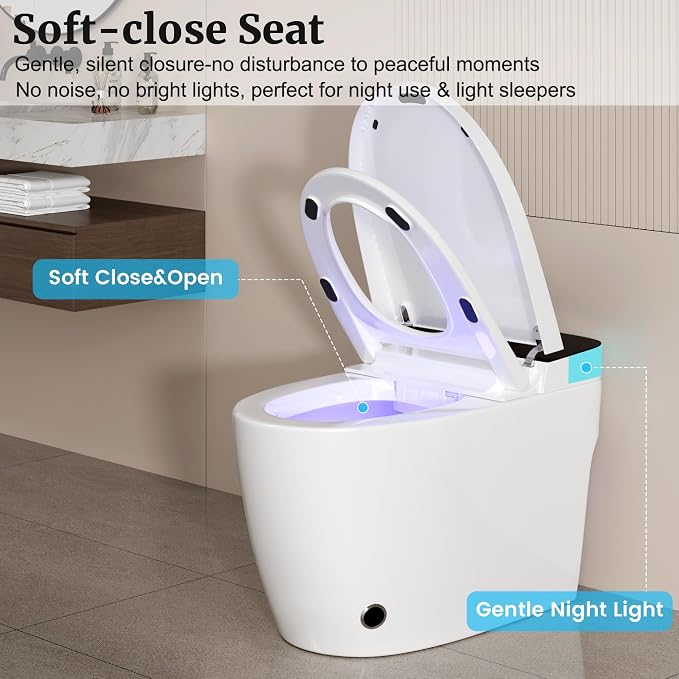 Smart Toilet with Heated Seat & Dual Auto Flush, Foot Sensor, Tankless One-Piece Electric Toilet with Manual Soft-Close Seat & Lid, Night Light, LED Display & 1000g Powerful Flush, 0.8/1.28GPF