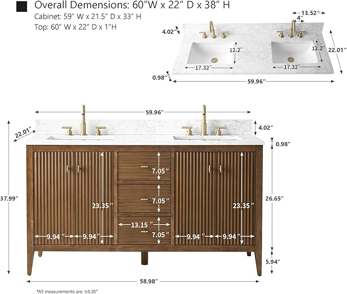 HOMEBEYOND 60" Bathroom Vanity with Double Sink, Solid Wood Bathroom Vanity Free-Standing Cabinet, Ceramic Top & Soft Closing Door, Golden Brushed Handware, Walnut