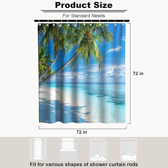Beach Modern Ocean Shower Curtain, Rustic Coastal Nautical Palm Tree Shower Curtains for Bathroom, Waterproof Bath Curtain with Hooks Machine Washable Bathtub Curtains 72x72 Inch Green Blue