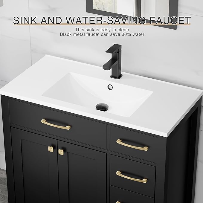 LUCKWIND 36" Bathroom Vanity with Sink Combo, Painted Modern Bathroom Storage Cabinet with Large Sink, Two Doors and Three Drawers, Include Faucet, Without Mirror, Black