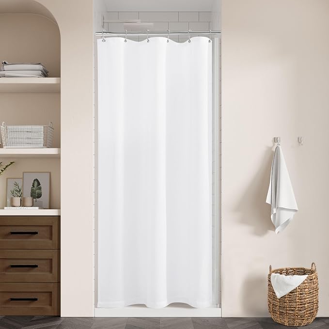 White Linen Shower Curtain for Bathroom Water Repellent 36x72 Inch | Narrow Stall Shower Curtains, Boho Farmhouse, Cotton Cloth Curtain, Machine Washable, with Hooks, 36 x 72 Inches