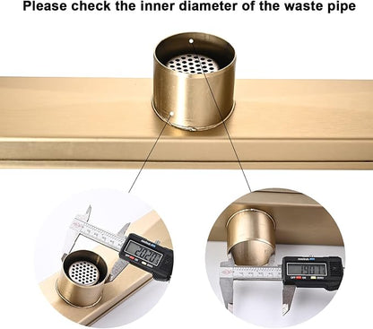 Linear Shower Floor Drain, Brushed Gold 36 Inch 304 Stainless Steel Bathroom Drains Kit, Rectangular Shower Trench Drain with Reversable Tile-in Pattern Drain Cover & Hair Catcher