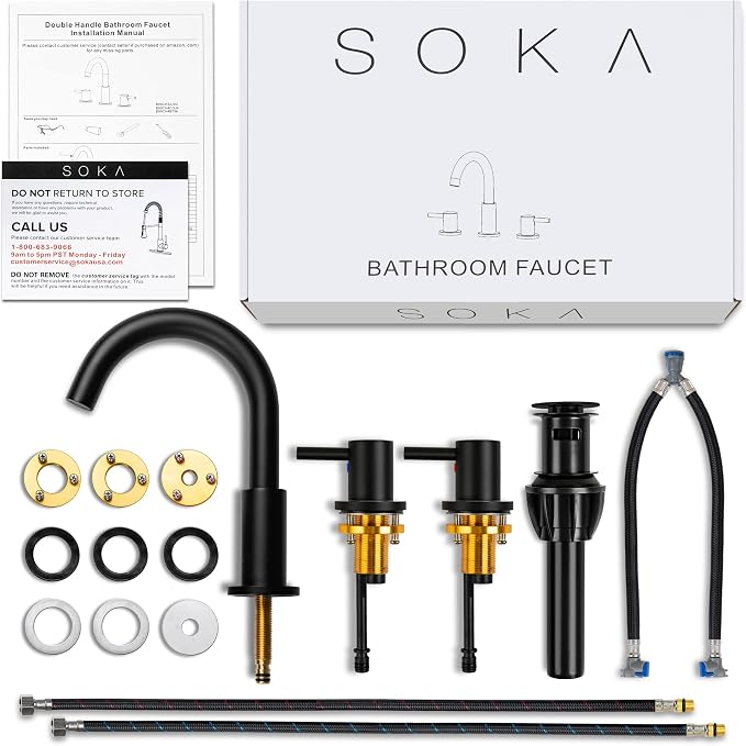 SOKA 8-16" Widespread Bathroom Faucet Matte Black Bathroom Sink Faucet 2 Handle Morden Bathroom Faucet for Sink 3 Hole Industrial Commercial Vanity Faucet with Pop Up Drain,Matte Black + G