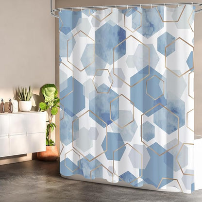 Litabel Small Stall Shower Curtain Set, Geometric Bathroom Decor 36x72 | Narrow Half Modern Minimalist Shower Curtais, Light Blue Geometric Art Print Abstract Waterproof Bath Curtain