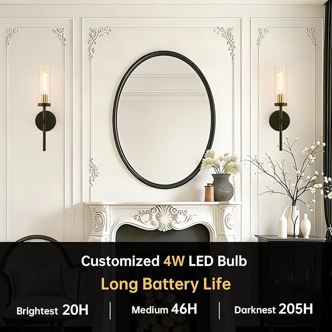 Shenmoyl Set of 2 Wall Sconces, 5200 mAh Battery Operated Wall Sconce with 3 Colors & Remote Control, Black Gold Rechargeable Wall Lamp with Clear Glass Shade for Bedroom, Bathroom, Stairwell, Hallway