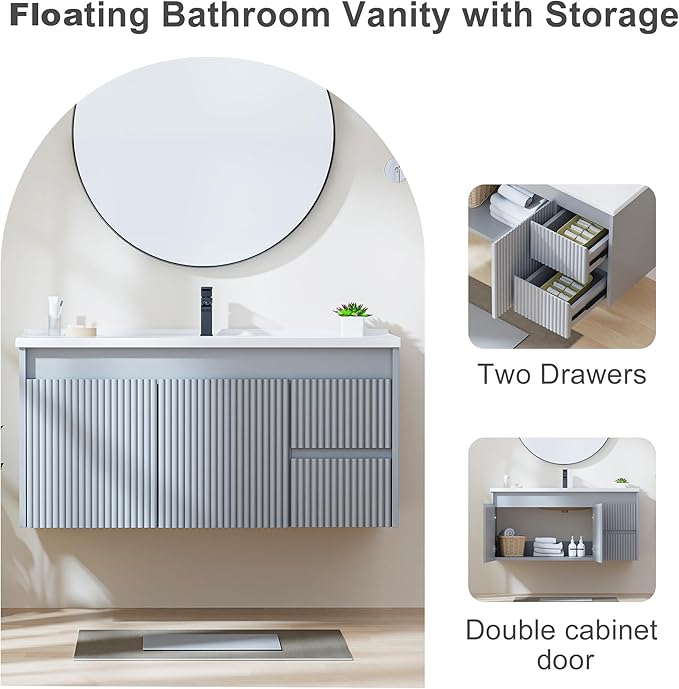 Floating Bathroom Vanity with Sink, 40 Inch Wall Mounted Bathroom Vanity with 2 Drawers and Wave-Carved Design Door, Modern Wooden Cabinet with Ceramic Sink and Storage, Grey