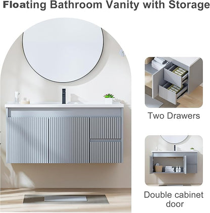 Floating Bathroom Vanity with Sink, 40 Inch Wall Mounted Bathroom Vanity with 2 Drawers and Wave-Carved Design Door, Modern Wooden Cabinet with Ceramic Sink and Storage, Grey
