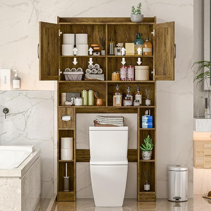 Vabches Over The Toilet Storage Cabinet with Barn Doors, Brown | Toilet Cabinet Rack, Space Saving Bathroom Organizer with Shelves, Toilet Paper Holder and Towel Rack for Bathroom,Laundry.