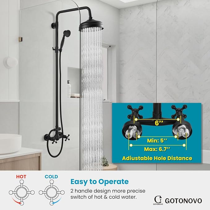 gotonovo Exposed Shower System Wall Mount,Matte Black,Metal Handheld | 8” Rain Shower Head Faucet Set Fixtures,2 Function,Two Cross Handle,Height Adjustable,for 5-6.7" Hole,Indoor Victorian Retro