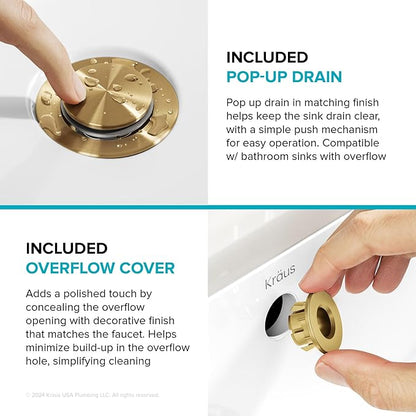KRAUS Indy Centerset Bathroom Faucet in Spot-Free Brushed Brass with 2 Handles, Pop Up Drain and Supply Lines, FUS-14102SFBB