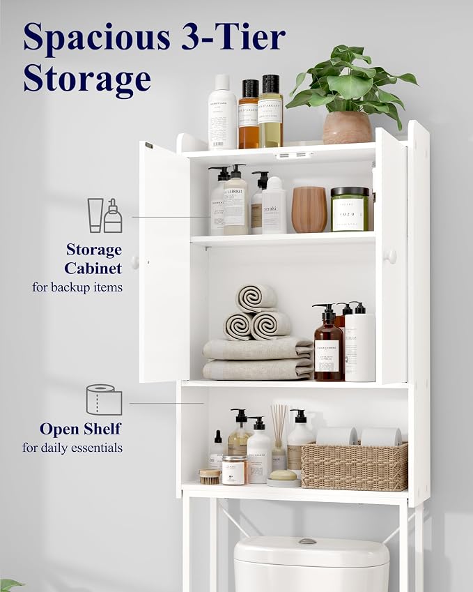 Kitsure 68.1"H Over Toilet Storage Cabinet, Magnetic Door, Adjustable Shelf | Bathroom, Laundry Room, Small Spaces, Families, Multi-Compartment Storage, Anti-Tip Design, White, 3 Tier Storage