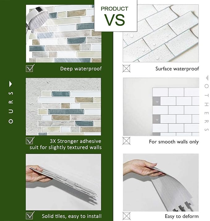 STICKGOO Peel and Stick Tile Backsplash for Kitchen, 12”×12”Stick on Backsplash, Self Adhesive Tile for Kitchen Backsplash and Bathroom(10 Sheets, Thicker Design)