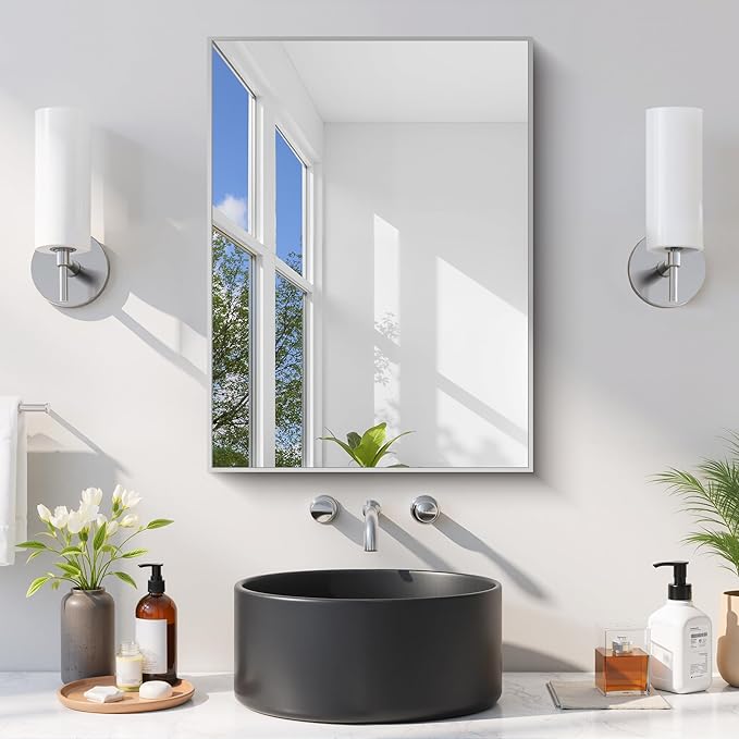 COFENY Silver Bathroom Mirror for Wall, 18x24 Inch Rectangle Mirror with Metal Frame, Modern Vanity Mirrors for Bathroom Living Room, Entryway Hangs Horizontal or Vertical