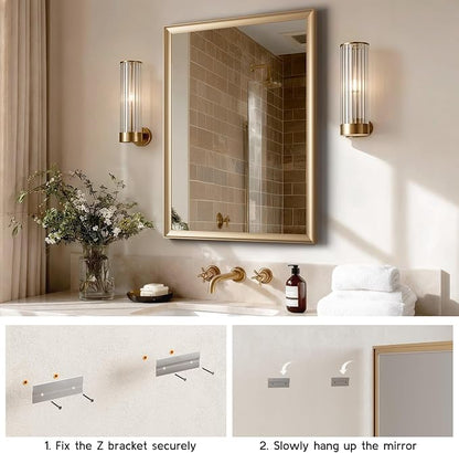 Gold Bathroom Mirror 30x40 Inch, Rectangle Vanity Mirror | Brushed Gold Bathroom Mirror for over sink, Bedroom, Entryway, Living Room, Aluminum Alloy Framed, Curved Wide Edge