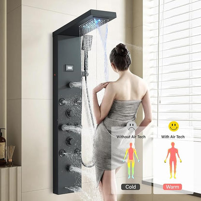 FUZ Shower Panel Tower System, Stainless Steel 6 IN 1 Shower Panel System with LED Fancy Rain Shower Head and Handheld, Adujstable Rainfall Massage Body Jets and Tub Spout, Matte Black Shower Tower