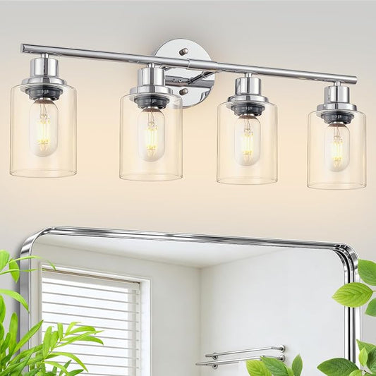 4-Light Bathroom Light Fixtures, Modern Chrome Vanity Lights for Bathroom with Clear Glass Shade, Wall Lamps for Mirror Hallway Kitchen Cabinet Living Room Sconces Lights