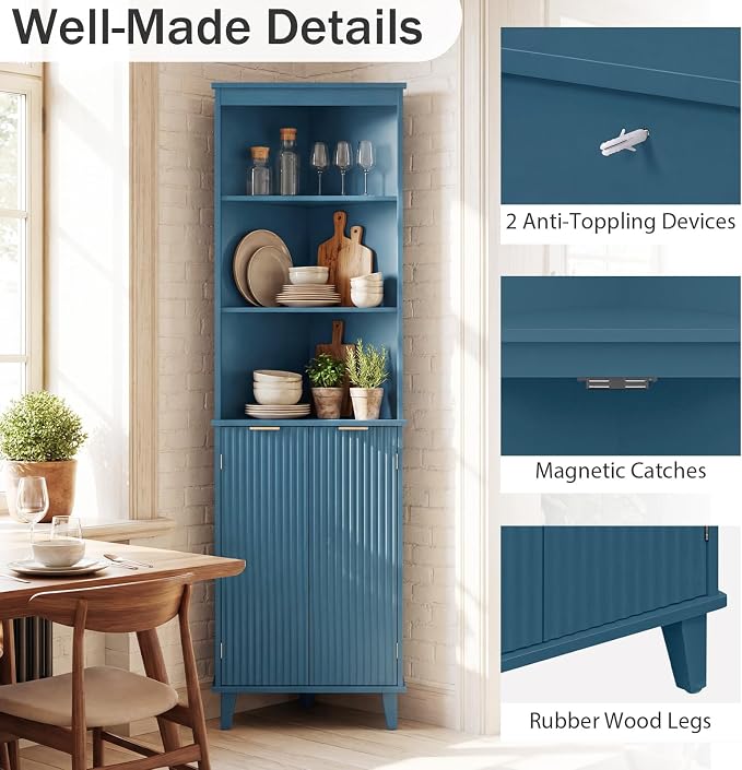 Giantex 68" Tall Corner Cabinet with Fluted Doors (Navy Blue) | Modern Bathroom Floor Storage Cabinet, 6-Tier Space Saver Display Shelves for Kitchen, Living Room, Hallway, Laundry