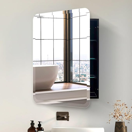 HOUSE REFLECTION 24 x 30 Rectangle Recessed Bathroom Medicine Cabinet – Frameless Beveled Edge Mirror, Adjustable Shelves, Rust Resistant, Durable Wall-Mounted Metal Construction, Black