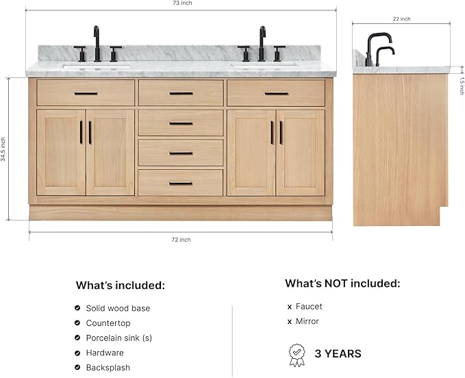 DKB Isabella 72" Oak Double Bathroom Vanity with Sink, 1.5" Carrara White Marble Countertop, Rectangle Undermount Sinks, 4 Soft Closing Doors, 6 Dovetail Drawers