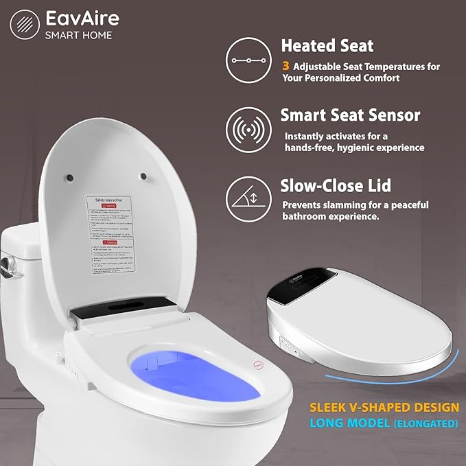 Electric Smart Toilet Seat Bidet with Slow Close Lid Cover, Instant Heated Seat, LCD, Adjustable Water Pressure & Temperature, Dual Positions, Self-Cleaning Nozzle, Night Light- Elongated
