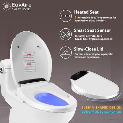 Electric Smart Toilet Seat Bidet with Slow Close Lid Cover, Instant Heated Seat, LCD, Adjustable Water Pressure & Temperature, Dual Positions, Self-Cleaning Nozzle, Night Light- Elongated