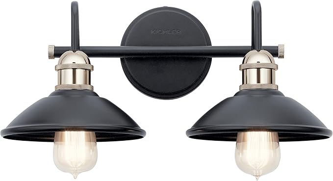 Kichler Clyde 2 Light Bathroom Vanity in a deep Black Finish, for Bathrooms, (7.25" H x 17" W x 8.25" Ext.), 45944BK