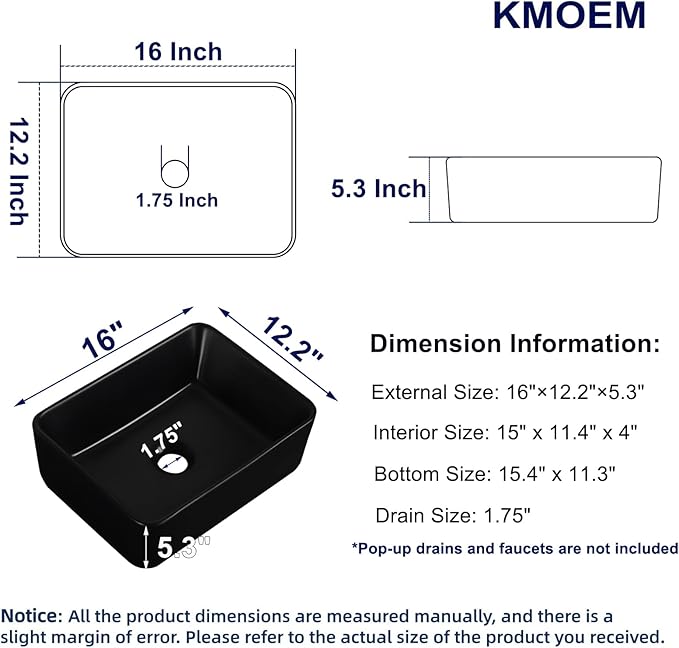 Vessel Sink 16"x12" Rectangular Bathroom Sink Modern Black Porcelain Ceramic Above Counter Drop-in Vanity Sink for Bathrooms Art Basin