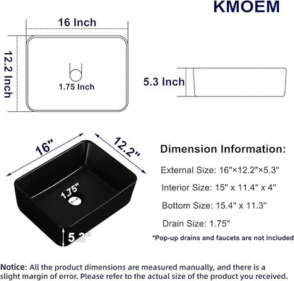 Vessel Sink 16"x12" Rectangular Bathroom Sink Modern Black Porcelain Ceramic Above Counter Drop-in Vanity Sink for Bathrooms Art Basin