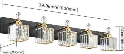PRESDE Crystal 5 Light Bathroom Vanity Lights Modern Black and Gold Bathroom Lights Fixtures Over Mirror Modern Bath Wall Lighting
