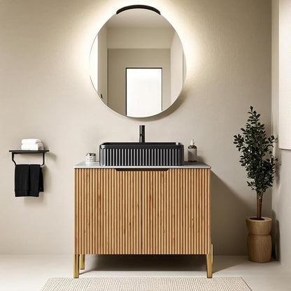 30" Bathroom Vanity with Single Sink, Modern Bathroom Storage Cabinet with Black Rectangular Ceramic Basin and Roma Travertine-Pattern Sintered Stone Top, Soft Closing Door, Natural Wood