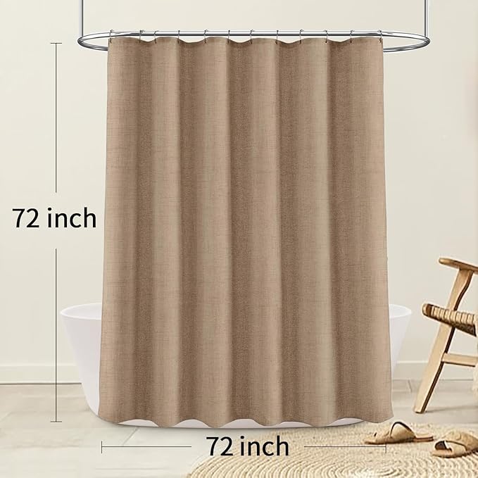 Linen Shower Curtain Khaki, Fabric Boho Farmhouse Shower Curtains for Bathroom Cotton Natural Cloth Liner Set 72" W x 72" L