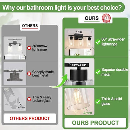 3-Light Bathroom Light Fixtures, Modern Black Vanity Light with Clear Glass Shades for Bathroom Vanity Lighting