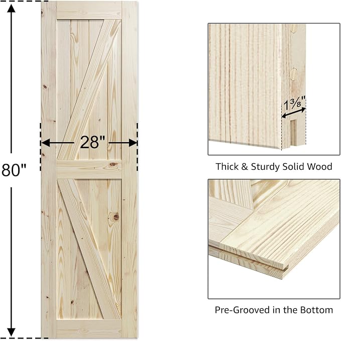 SmartStandard 28in x 80in Sliding Barn Wood Door Pre-Drilled Ready to Assemble, DIY Unfinished Solid Spruce Wood Panelled Slab, Interior Single Door Only, Natural, K-Frame (Fit 5FT Rail) | Pre-Drilled Ready to Assemble, DIY Unfinished Solid Spruce Wood...