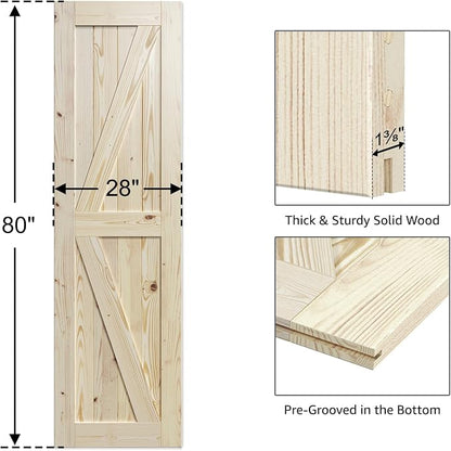 SmartStandard 28in x 80in Sliding Barn Wood Door Pre-Drilled Ready to Assemble, DIY Unfinished Solid Spruce Wood Panelled Slab, Interior Single Door Only, Natural, K-Frame (Fit 5FT Rail) | Pre-Drilled Ready to Assemble, DIY Unfinished Solid Spruce Wood...