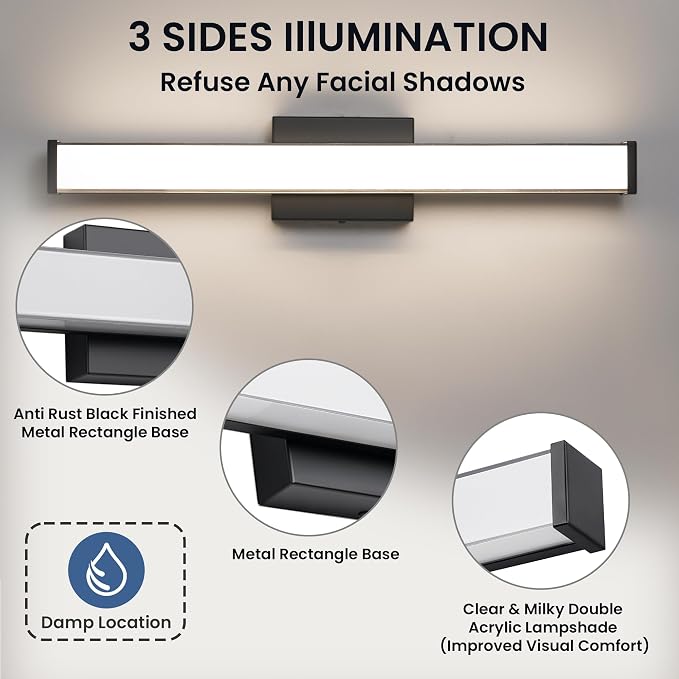 Modern LED Bathroom Vanity Light 24 inch 18W Dimmable 3CCT Bathroom Light Fixture Over Mirror Rectangle Bath Vanity Light Bar with Double Layer Acrylic Shade (Matte Black)