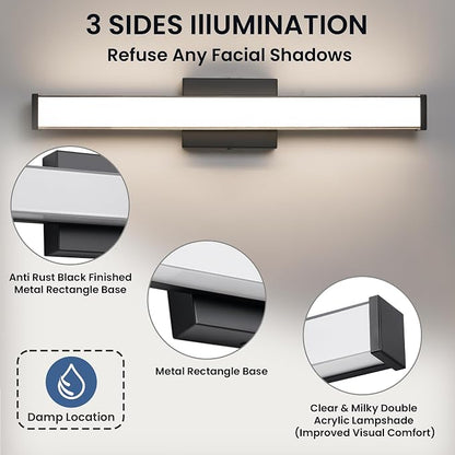 Modern LED Bathroom Vanity Light 24 inch 18W Dimmable 3CCT Bathroom Light Fixture Over Mirror Rectangle Bath Vanity Light Bar with Double Layer Acrylic Shade (Matte Black)