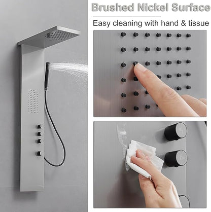 Shower Panel System Shower Wall Tower with Body Massage System Rain Shower Handheld 3 IN 1 High Pressure Jets Stainless Steel, Brushed Nickel