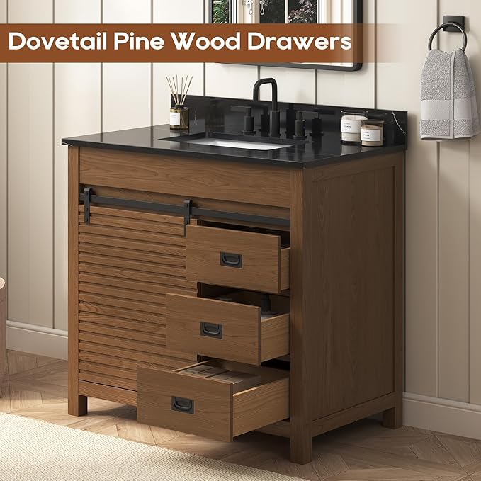 36 Inch Bathroom Vanity with Sink, Farmhouse Solid Wood Frame Vanity with Sink, Sliding Barn Door Bathroom Storage Cabinet with Soft-Closing Dovetail Drawers, Brown Oak