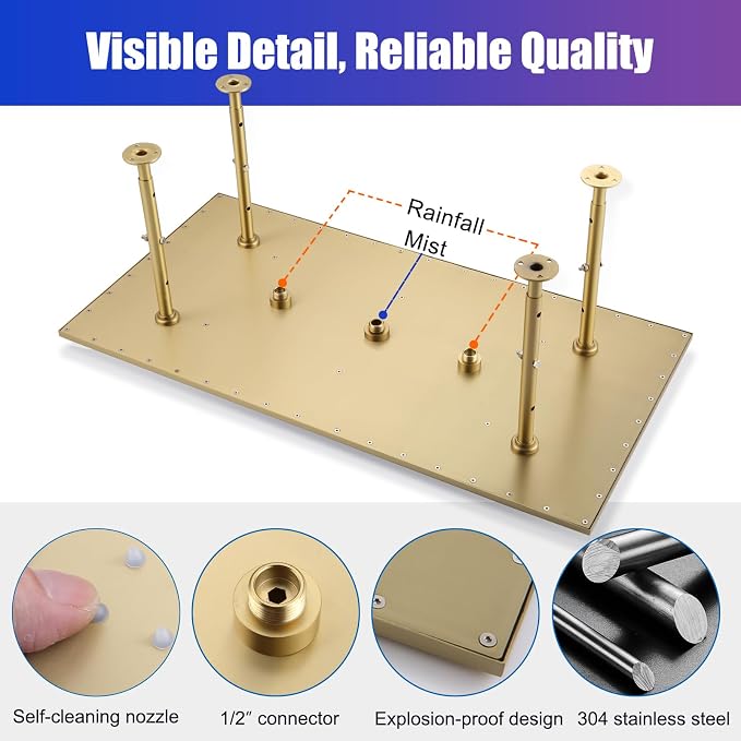 2 Modes Luxury High Pressure Rain Shower Head, 16"x32" Super Large Ceiling Full Body Shower Head with Silicone Nozzles Rectangle Mist Showerhead, Brushed Gold Finish