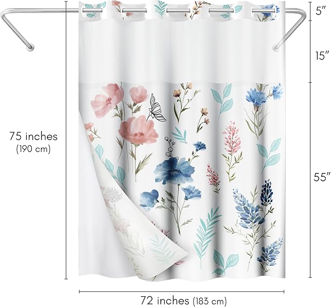 Americanflat 72x75 Hookless Shower Curtain - Water-Resistant Floral Shower Curtain with Sheer Panel, Snap-in Liner, and Grommets - 100% Polyester - Botanical Bathroom Curtains - Pink, Blue and White