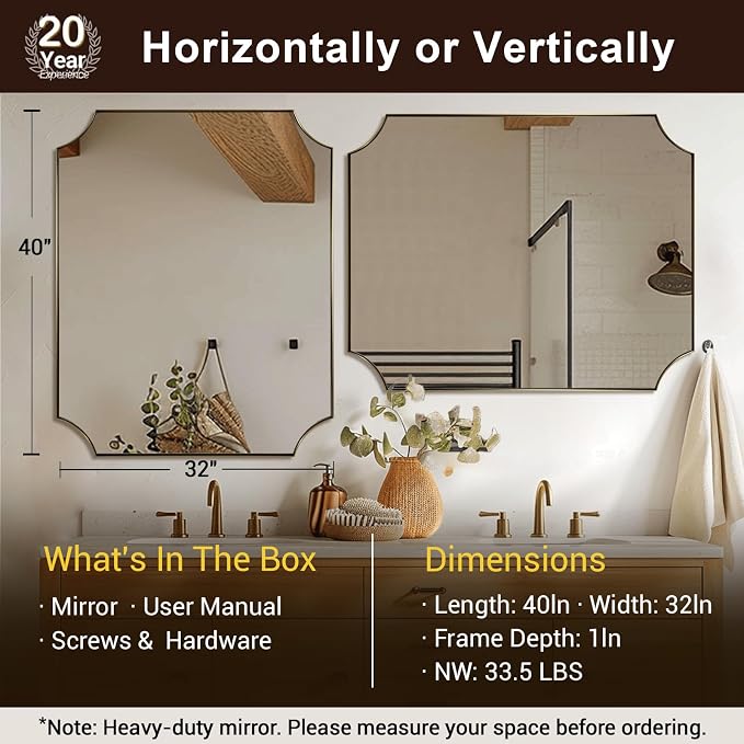 Scalloped 32"x40" Brushed Gold Wall Mirror | Rustproof Stainless Steel Frame, Elegant Scalloped Edges, Horizontal & Vertical Mount, Antique Luxury Bathroom Decor