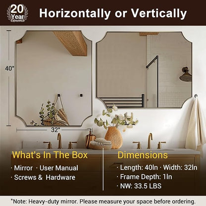 Scalloped 32"x40" Brushed Gold Wall Mirror | Rustproof Stainless Steel Frame, Elegant Scalloped Edges, Horizontal & Vertical Mount, Antique Luxury Bathroom Decor