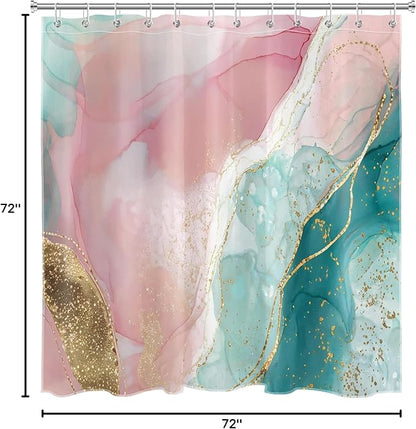 HVEST Pink Marble Shower Curtain for Bathroom,Turquoise Marble Luxury Shower Curtain with Hooks,Modern White and Gold Abstract Bathroom Shower Curtain Set Bathroom Decor,72L X 72W inches