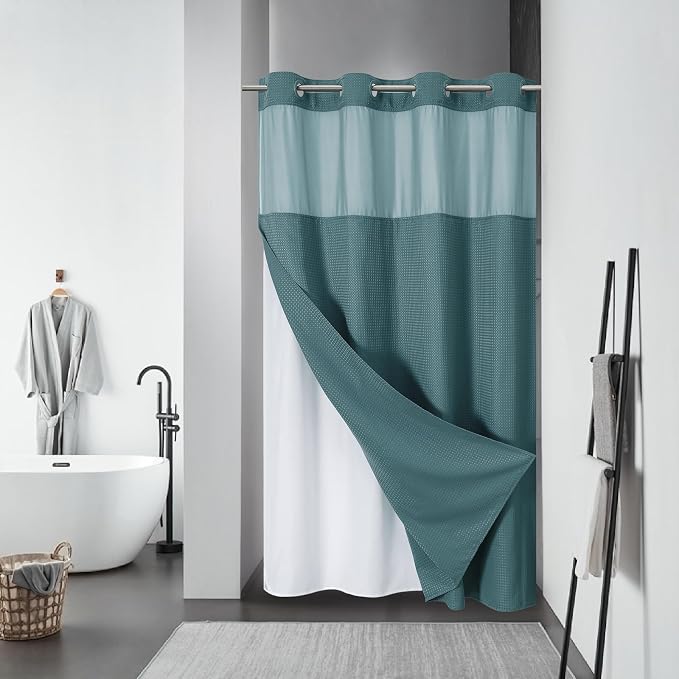 eachope SeawedGreen No Hook Waffle Weave Shower Curtain with snap-in Liner Replacement, 230GSM Waterproof Fabric Hotel Shower Curtain Set for Bathroom, Through Mesh Top Window,54Wx80H | 230GSM waffle weave fabric, waterproof liner set with 2 bottom mag...