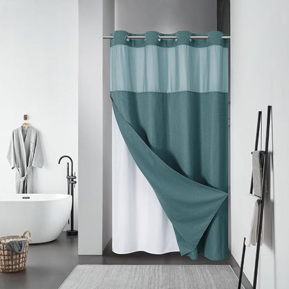 eachope SeawedGreen No Hook Waffle Weave Shower Curtain with snap-in Liner Replacement, 230GSM Waterproof Fabric Hotel Shower Curtain Set for Bathroom, Through Mesh Top Window,54Wx80H | 230GSM waffle weave fabric, waterproof liner set with 2 bottom mag...