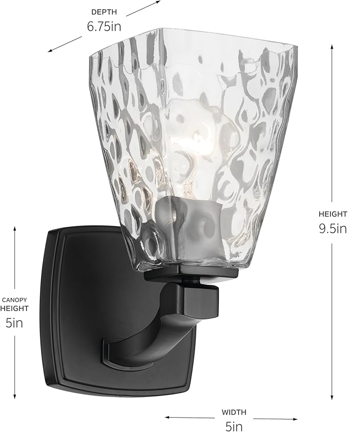 Kichler Marant 5" 1-Light Wall Sconce with Clear Water Glass in Black, for Bathroom, Powder Room, Hallways, (5" W x 9.5" H), 55214BKWTR