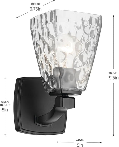 Kichler Marant 5" 1-Light Wall Sconce with Clear Water Glass in Black, for Bathroom, Powder Room, Hallways, (5" W x 9.5" H), 55214BKWTR