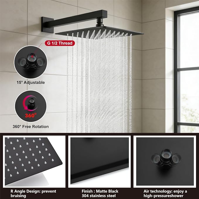 Midanya Shower System with Tub Spout,12 Inch Shower Head,Matte Black | with Valve & Trim Kit,Square Rain Head,Handheld Sprayer,Waterfall Spout,All Metal Wall Mount Bathroom Shower Tub Faucet Set